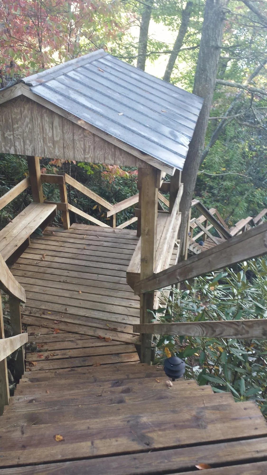 Metal roofed shelter over wooden steps on a wooded walkway — Skylight Repair & Installation work by our crew in Normandy